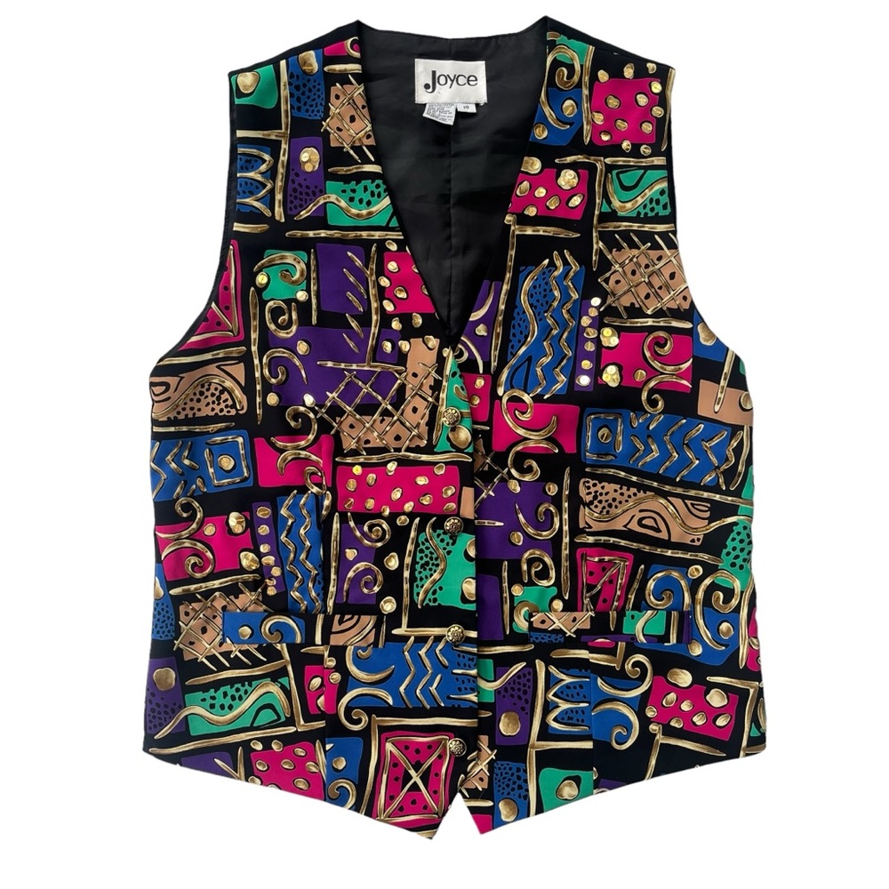 Joyce Women’s 10 Black Pink Gold Sequins Beaded Abstract Funky Button Front Vest